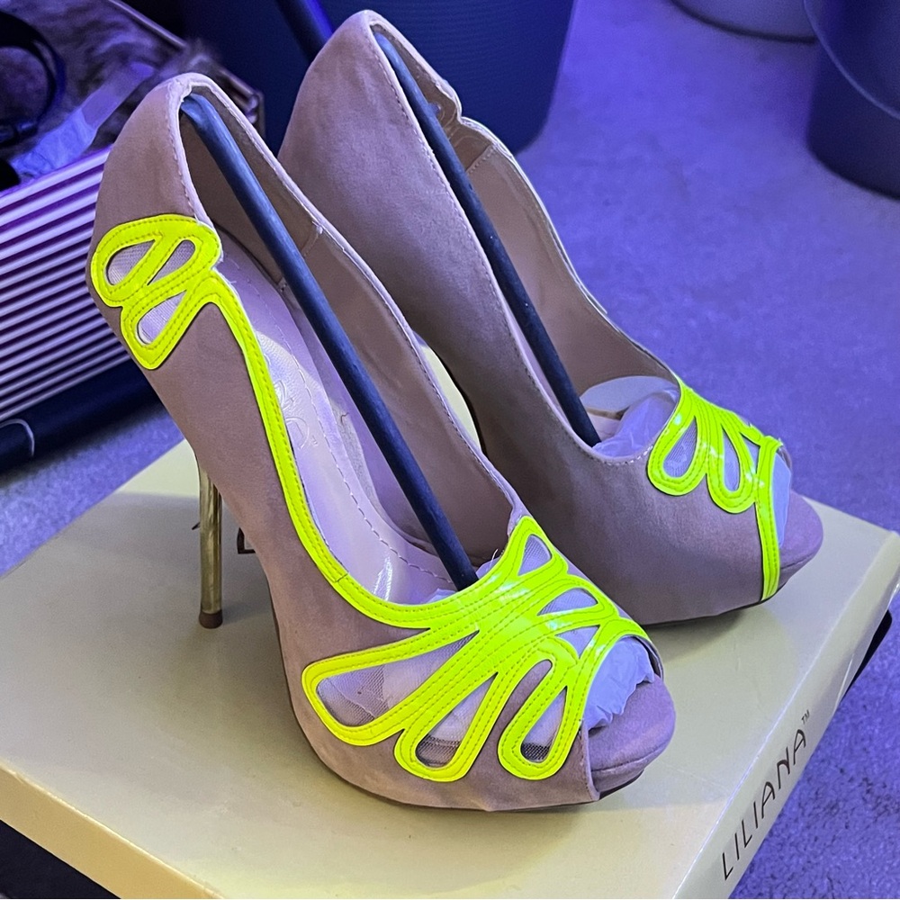 Liliana Beige and Neon Yellow Peep Toe Heels